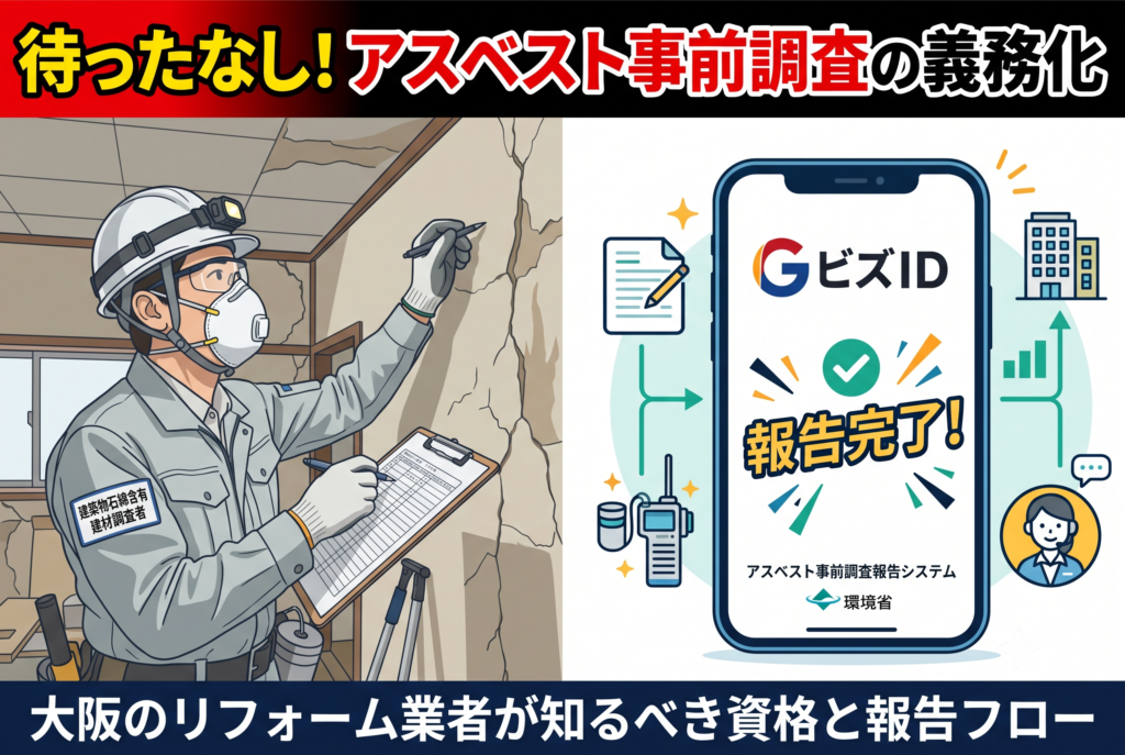 アスベスト事前調査が義務化。大阪のリフォーム業者が知るべき資格と報告フロー