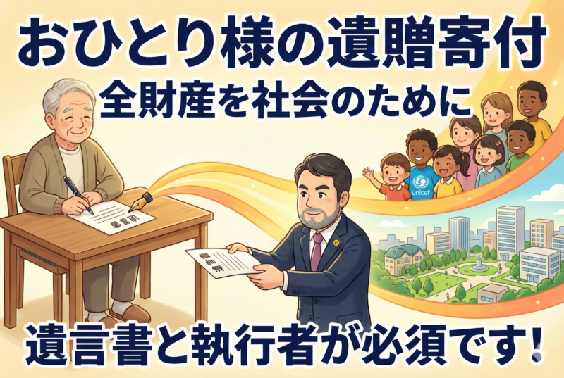 おひとり様の寄付(遺贈)。全財産をユニセフや大阪市等の自治体に寄付する方法と注意点